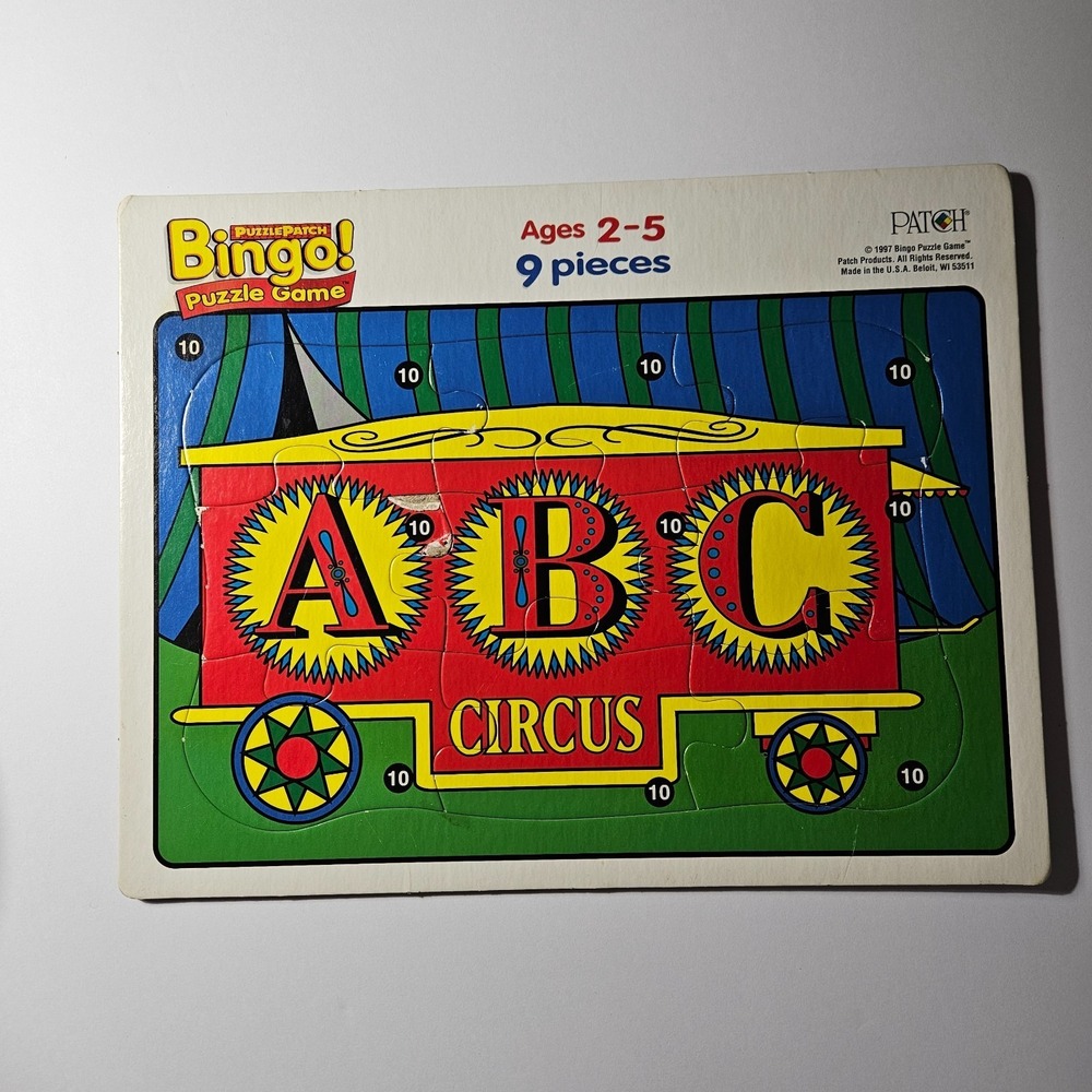 1997‎ Bingo Patch Circus Puzzle Train Car ABC Vintage Frame Tray 9 Pcs